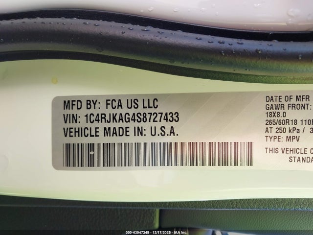 Auction sale of the 2025 Jeep Grand Cherokee L Altitude X 4x4, vin: 1C4RJKAG4S8727433, lot number: 43947349