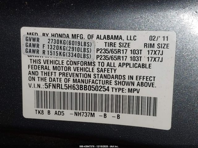 2011 HONDA ODYSSEY 5FNRL5H63BB050254 Photo 8