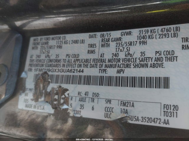 1FMCU9GX3GUA62144 Ford ESCAPE SE