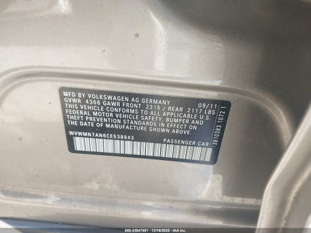 Продажа на аукционе авто 2012 Volkswagen Cc, vin: WVWMN7AN6CE538943, номер лота: 43947481