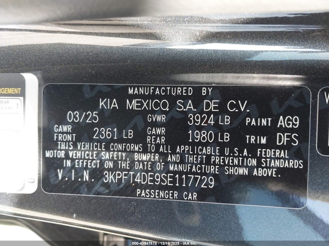 Aukcja sprzedaży 2025 Kia K4 Lxs, vin: 3KPFT4DE9SE117729, numer aukcji: 43947570