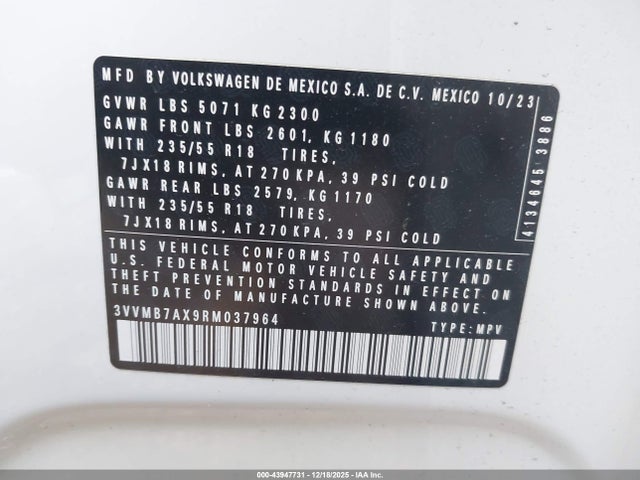 Auction sale of the 2024 Volkswagen Tiguan 2.0t Se/2.0t Wolfsburg Edition, vin: 3VVMB7AX9RM037964, lot number: 43947731