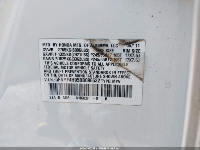 2011 HONDA PILOT 5FNYF4H95BB096532 Photo 8