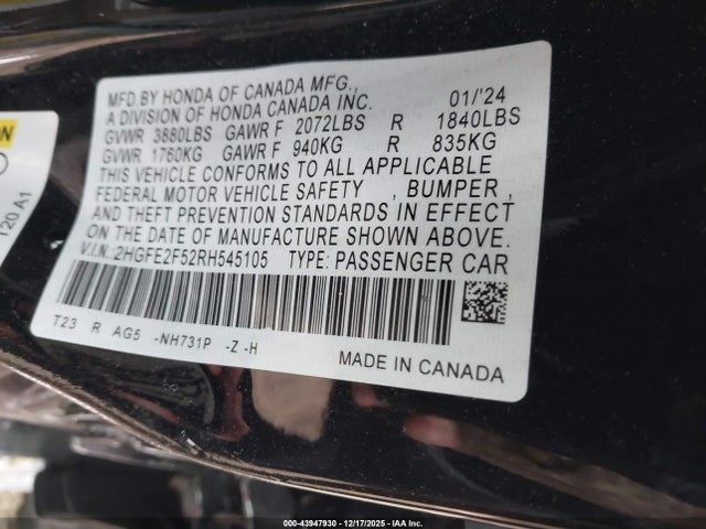 Продаж на аукціоні авто 2024 Honda Civic Sport, vin: 2HGFE2F52RH545105, номер лоту: 43947930