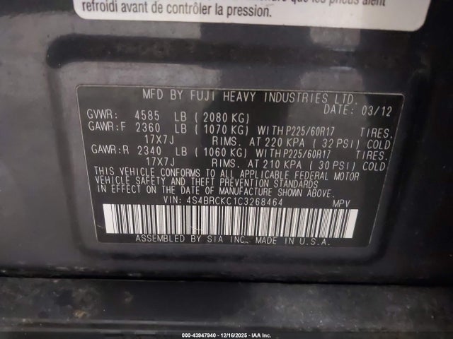 Продажа на аукционе авто 2012 Subaru Outback 2.5i Limited, vin: 4S4BRCKC1C3268464, номер лота: 43947940