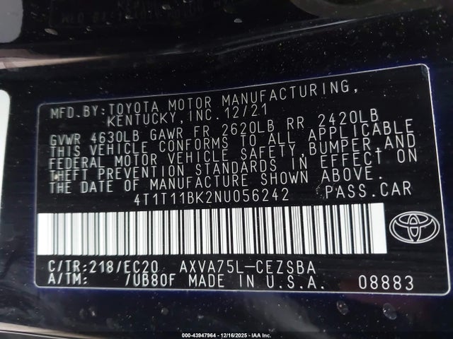 2022 Toyota Camry Se Nightshade Special Awd მანქანა იყიდება აუქციონზე, vin: 4T1T11BK2NU056242, აუქციონის ნომერი: 43947964