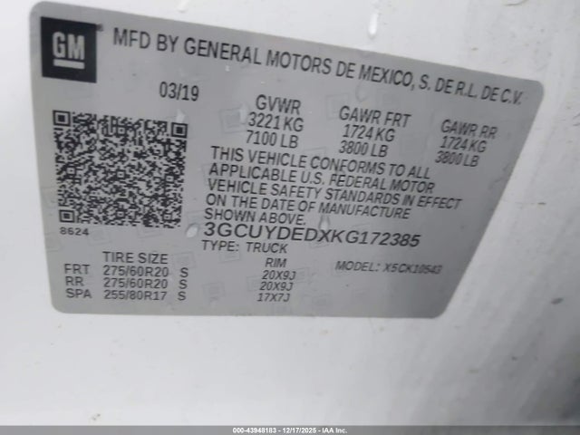 3GCUYDEDXKG172385 Chevrolet Silverado 1500 Lt