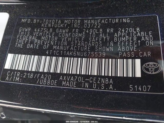 4T1C11AK6NU675539 Toyota CAMRY LE