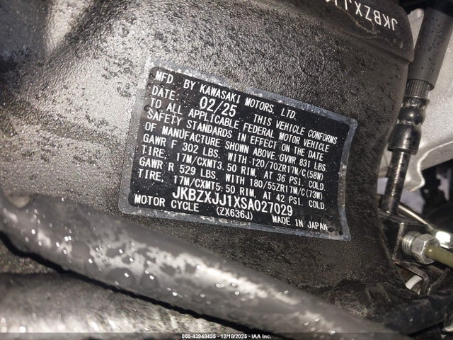 Продажа на аукционе авто 2025 Kawasaki Zx636 K, vin: JKBZXJJ1XSA027029, номер лота: 43948435
