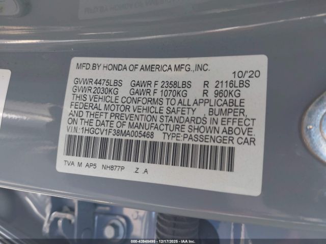 2021 HONDA ACCORD 1HGCV1F38MA005468 Photo 8