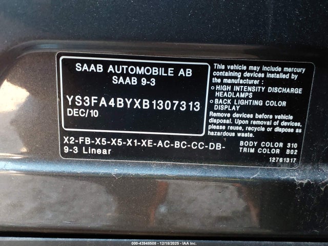 2011 SAAB 9-3 YS3FA4BYXB1307313 Photo 8