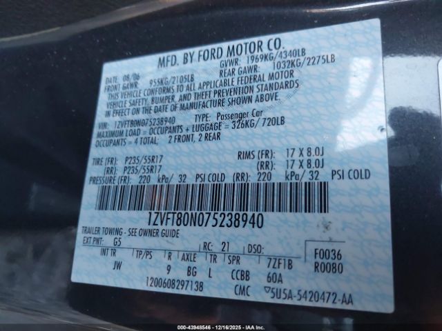 2007 FORD MUSTANG 1ZVFT80N075238940 Photo 8