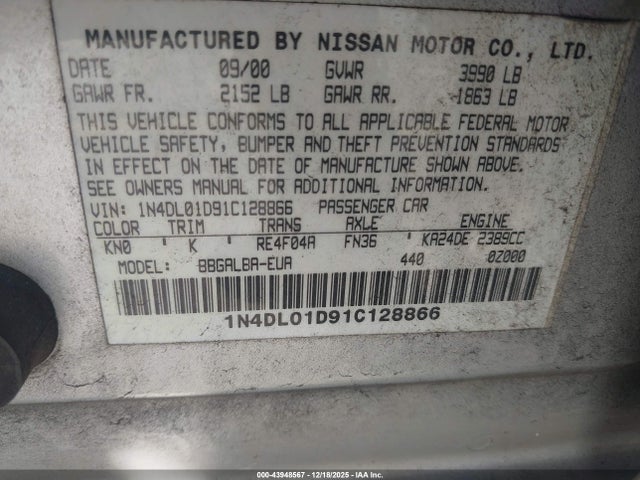 2001 NISSAN ALTIMA 1N4DL01D91C128866 Photo 8