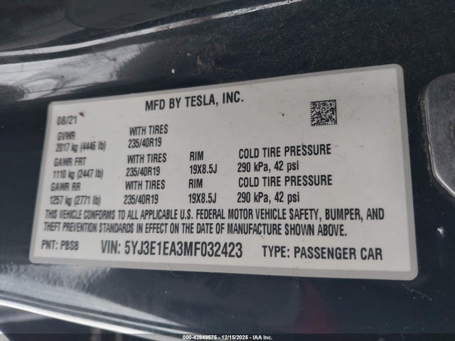 2021 TESLA MODEL 3 5YJ3E1EA3MF032423 Photo 8
