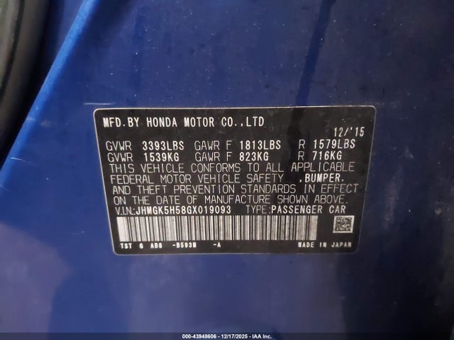 Aukcja sprzedaży 2016 Honda Fit Lx, vin: JHMGK5H58GX019093, numer aukcji: 43948606