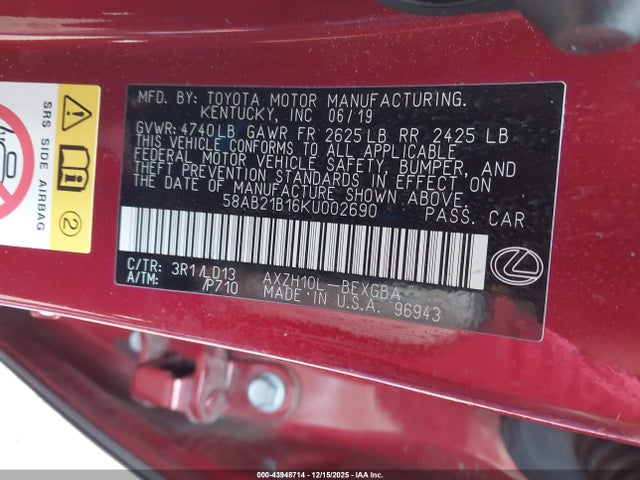 Продажа на аукционе авто 2019 Lexus Es 300h, vin: 58AB21B16KU002690, номер лота: 43948714