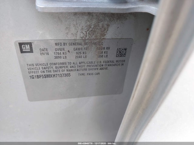 43948778 :رقم المزاد ، 1G1BF5SMXH7137365 vin ، 2017 Chevrolet Cruze Premier Auto مزاد بيع