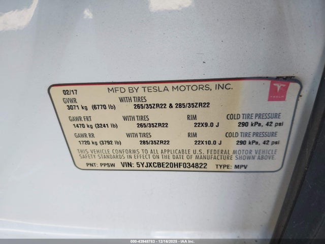 5YJXCBE20HF034822 Tesla Model X 100d/75d/90d