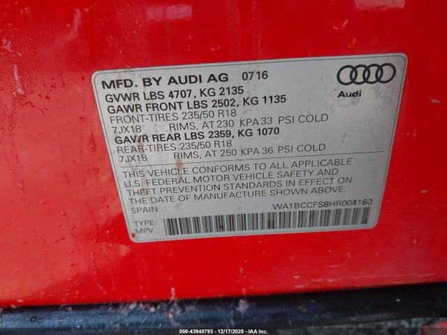 Aukcja sprzedaży 2017 Audi Q3 2.0t Premium, vin: WA1BCCFS8HR004180, numer aukcji: 43948793