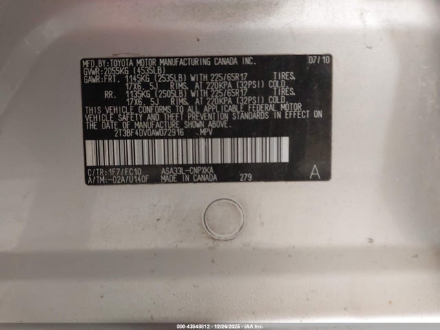 43948812 :رقم المزاد ، 2T3BF4DV0AW072916 vin ، 2010 Toyota Rav4 مزاد بيع