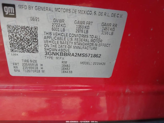 3GNKBBRA2MS571862 Chevrolet Blazer Fwd 1lt