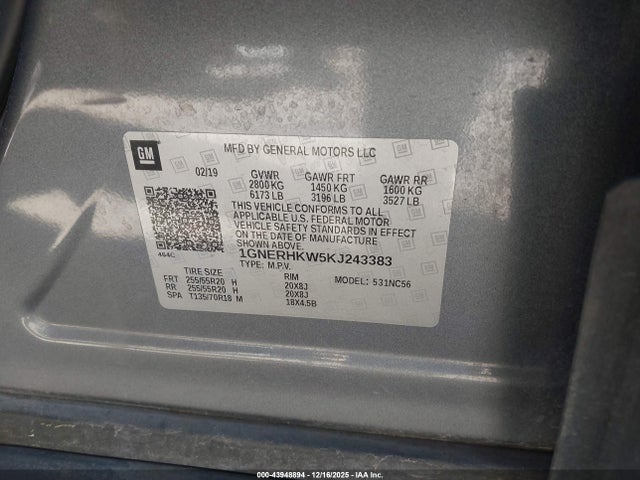 1GNERHKW5KJ243383 Chevrolet Traverse 3lt