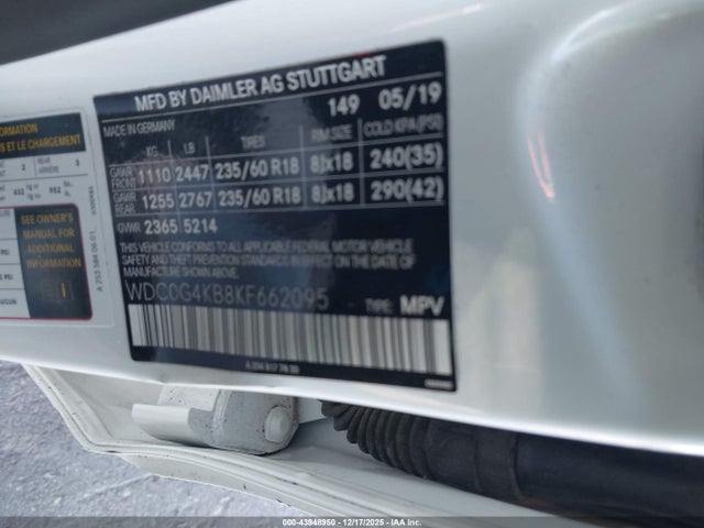 2019 Mercedes-benz Glc 300 4matic მანქანა იყიდება აუქციონზე, vin: WDC0G4KB8KF662095, აუქციონის ნომერი: 43948950