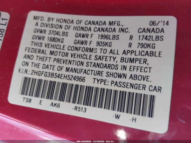 Продажа на аукционе авто 2014 Honda Civic Lx, vin: 2HGFG3B54EH524966, номер лота: 43948955