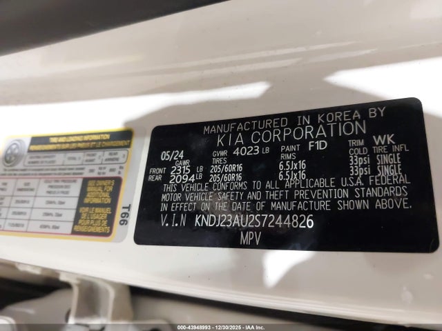 43948993 :رقم المزاد ، KNDJ23AU2S7244826 vin ، 2025 Kia Soul S مزاد بيع