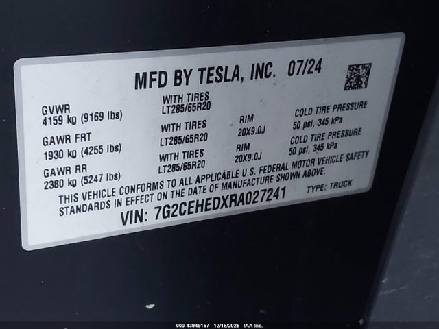 Aukcja sprzedaży 2024 Tesla Cybertruck All-wheel Drive, vin: 7G2CEHEDXRA027241, numer aukcji: 43949157