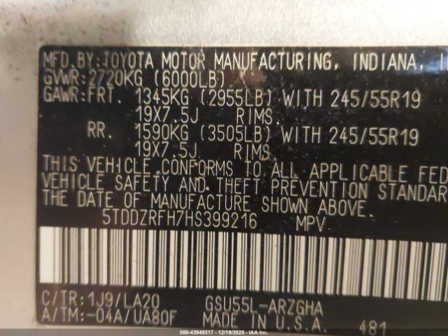 2017 TOYOTA HIGHLANDER 5TDDZRFH7HS399216 Photo 8