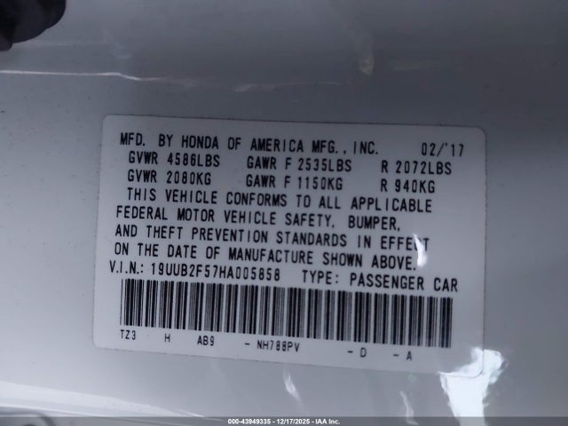 Aukcja sprzedaży 2017 Acura Tlx Technology Package, vin: 19UUB2F57HA005858, numer aukcji: 43949335