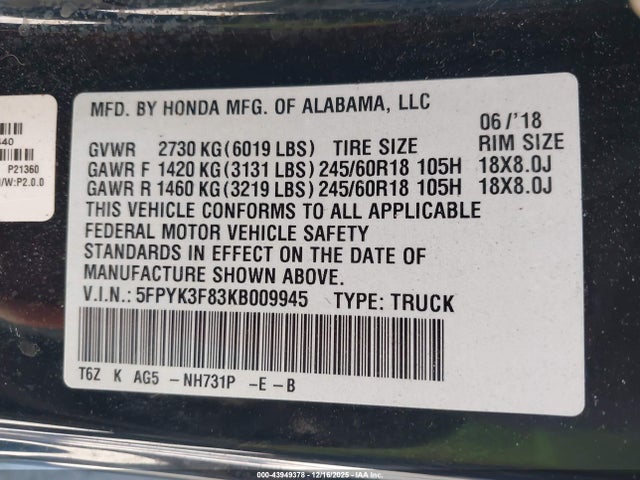 5FPYK3F83KB009945 Honda Ridgeline Black Edition