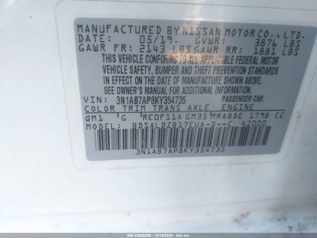 3N1AB7AP8KY354735 Nissan SENTRA SV