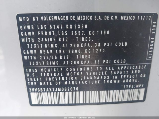 2018 VOLKSWAGEN TIGUAN 3VV3B7AX7JM082076 Photo 8