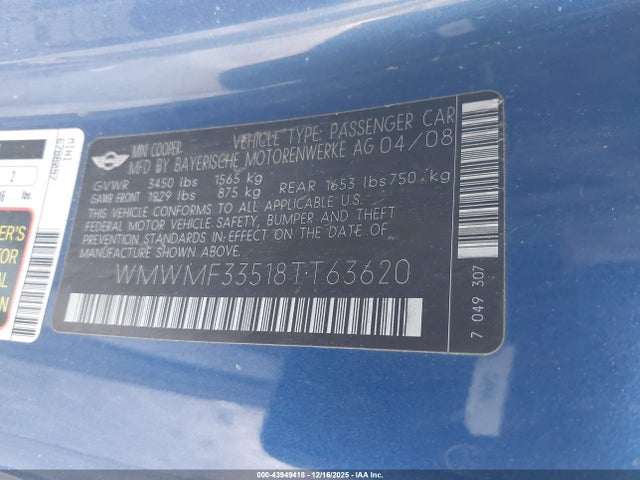 2008 MINI COOPER WMWMF33518TT63620 Photo 8