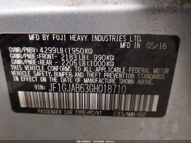 JF1GJAB63GH018710 Subaru Impreza 2.0i Premium