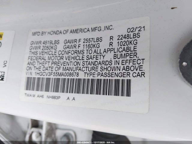 1HGCV3F55MA008678 Honda Accord Hybrid Ex-l