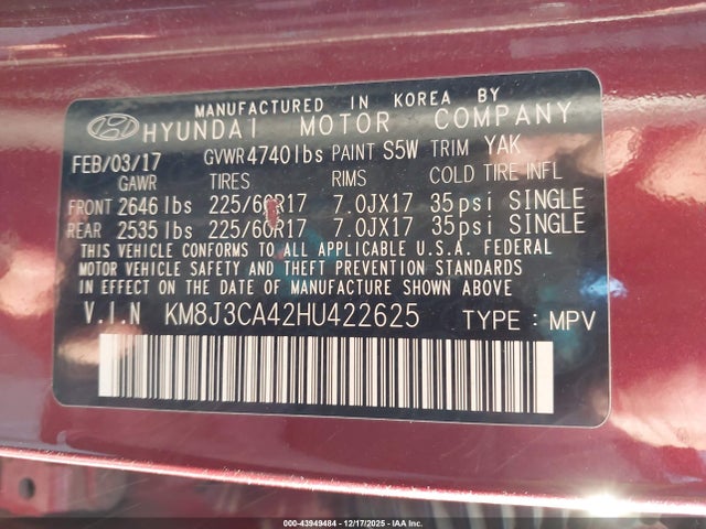 KM8J3CA42HU422625 Hyundai TUCSON SE