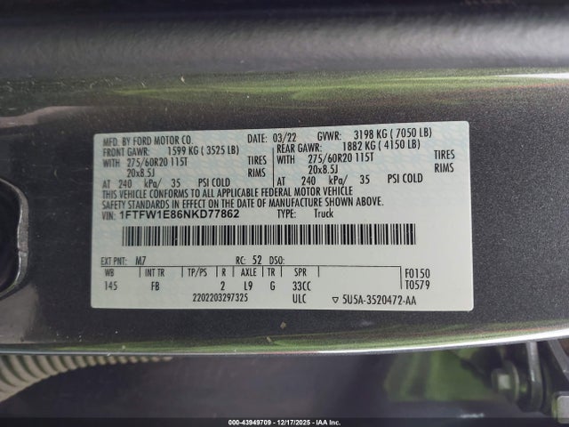 Продажа на аукционе авто 2022 Ford F150 Supercrew, vin: 1FTFW1E86NKD77862, номер лота: 43949709