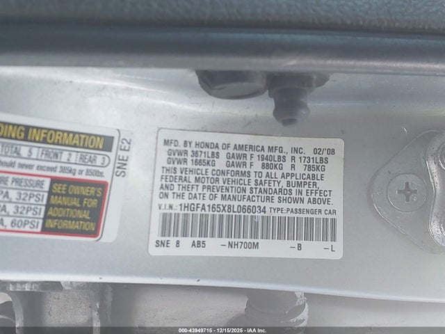 Продаж на аукціоні авто 2008 Honda Civic Lx, vin: 1HGFA165X8L066034, номер лоту: 43949715