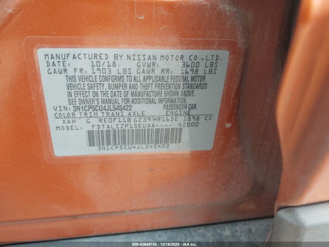 3N1CP5CU4JL545422 Nissan KICKS SV