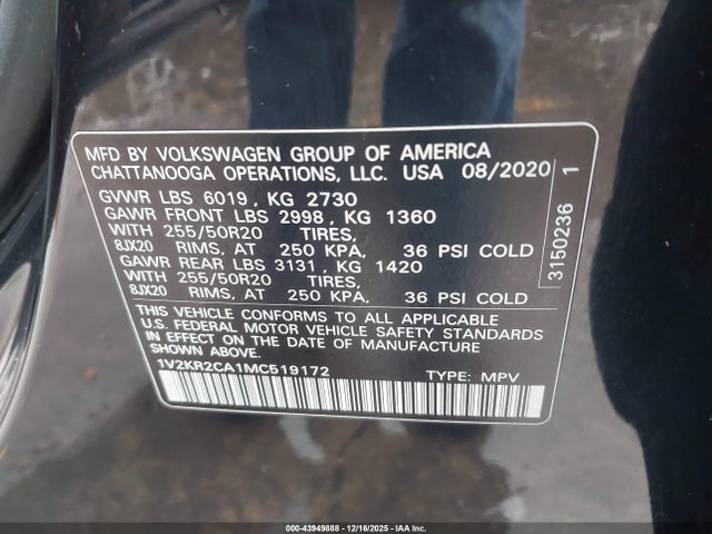 Aukcja sprzedaży 2021 Volkswagen Atlas 3.6l V6 Se W/technology, vin: 1V2KR2CA1MC519172, numer aukcji: 43949888