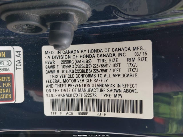 2HKRM3H7XFH522578 Honda Cr-v Ex-l