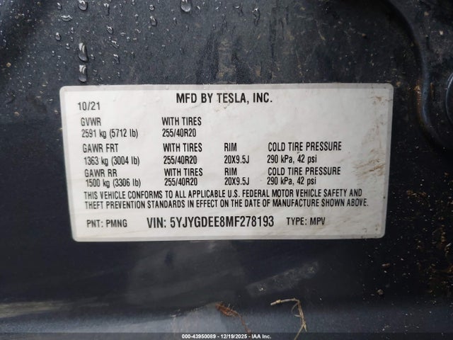 2021 TESLA MODEL Y 5YJYGDEE8MF278193 Photo 8