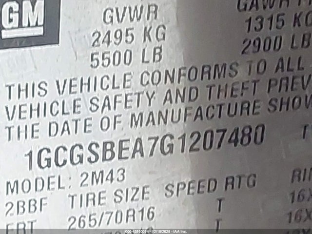 1GCGSBEA7G1207480 Chevrolet Colorado Wt