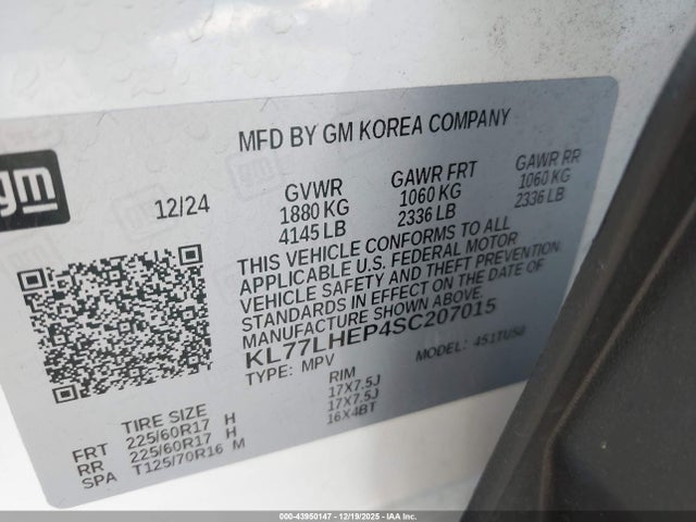 43950147 :رقم المزاد ، KL77LHEP4SC207015 vin ، 2025 Chevrolet Trax Fwd Lt مزاد بيع
