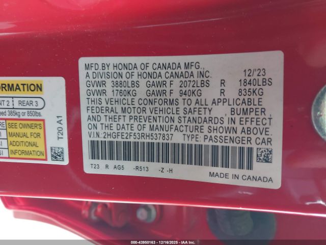2024 HONDA CIVIC 2HGFE2F53RH537837 Photo 8