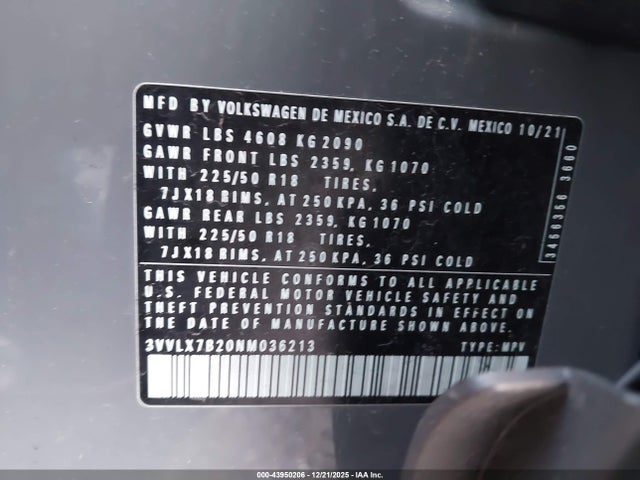 3VVLX7B20NM036213 Volkswagen Taos 1.5t Se