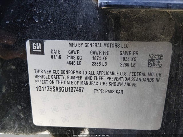 2016 Chevrolet Impala Ls მანქანა იყიდება აუქციონზე, vin: 1G11Z5SA6GU137467, აუქციონის ნომერი: 43950237